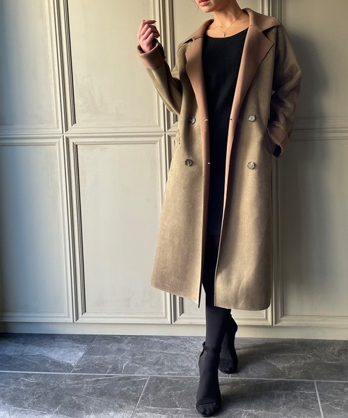 JUNOAH（ジュノア）の「スエード調ダブルチェスターコート（チェスターコート・レディース・ブラック/ブラウン/ライトベージュ/ダークベージュ・MEDIUM/LARGE/X-LARGE）」の9枚目の写真