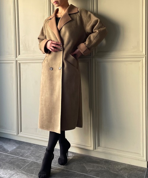 JUNOAH（ジュノア）の「スエード調ダブルチェスターコート（チェスターコート・レディース・ブラック/ブラウン/ライトベージュ/ダークベージュ・MEDIUM/LARGE/X-LARGE）」の6枚目の写真