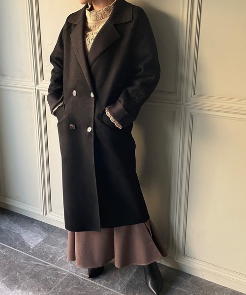 JUNOAH（ジュノア）の「スエード調ダブルチェスターコート（チェスターコート・レディース・ブラック/ブラウン/ライトベージュ/ダークベージュ・MEDIUM/LARGE/X-LARGE）」の15枚目の写真