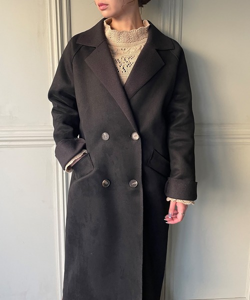 JUNOAH（ジュノア）の「スエード調ダブルチェスターコート（チェスターコート・レディース・ブラック/ブラウン/ライトベージュ/ダークベージュ・MEDIUM/LARGE/X-LARGE）」の10枚目の写真