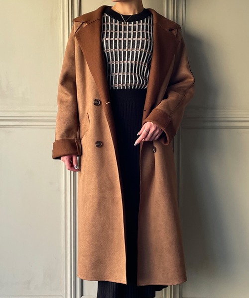 JUNOAH（ジュノア）の「スエード調ダブルチェスターコート（チェスターコート・レディース・ブラック/ブラウン/ライトベージュ/ダークベージュ・MEDIUM/LARGE/X-LARGE）」の17枚目の写真