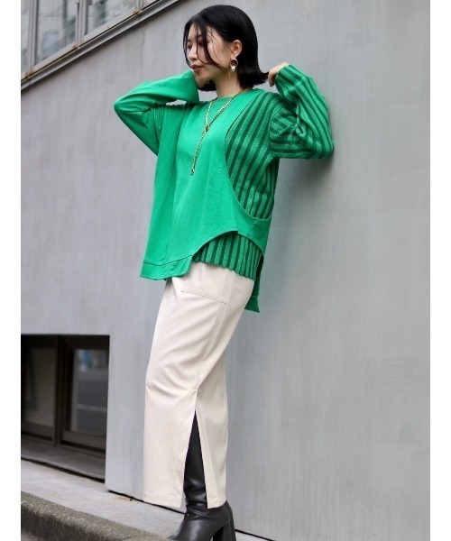 AULA AILA(アウラアイラ)の「【別注】AULA AILA/アウラ アイラ/コンビネーショントップス(Tシャツ/カットソー・レディース・グリーン/アイボリー・0)」の5枚目の写真