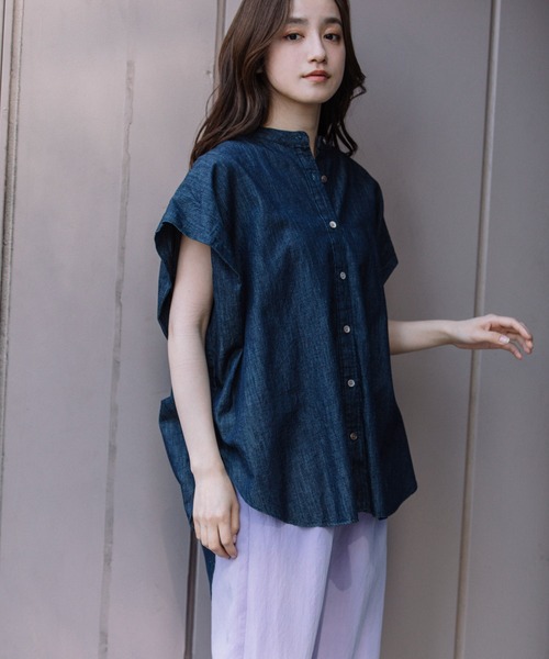 Munich（ミューニック）の「4ozライトデニムバンドカラーシャツ（シャツ/ブラウス・レディース・インディゴブルー/グレー/ブラック・FREE）」の3枚目の写真