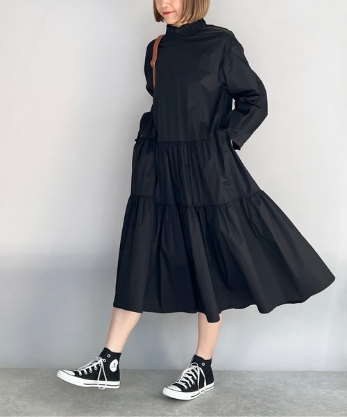 PICCIN（ピッチン）の「シャーリング襟ティアードワンピース（ワンピース・レディース・ブラック/オフホワイト/ライム・M）」の7枚目の写真