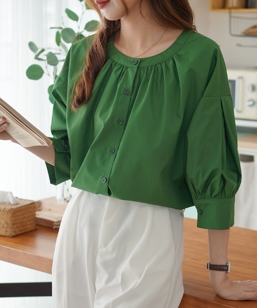 ABITOKYO（アビトーキョー）の「２WAY５分袖バンドカラーブラウス（Tシャツ/カットソー・レディース・ホワイト/ブラック/グリーン/ブラック系その他/ブルー・M/L）」の21枚目の写真