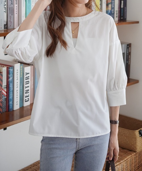 ABITOKYO（アビトーキョー）の「２WAY５分袖バンドカラーブラウス（Tシャツ/カットソー・レディース・ホワイト/ブラック/グリーン/ブラック系その他/ブルー・M/L）」の13枚目の写真