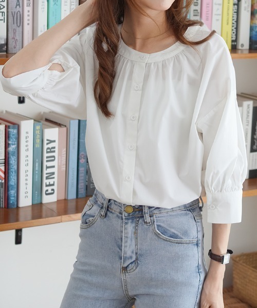 ABITOKYO（アビトーキョー）の「２WAY５分袖バンドカラーブラウス（Tシャツ/カットソー・レディース・ホワイト/ブラック/グリーン/ブラック系その他/ブルー・M/L）」の14枚目の写真