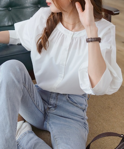 ABITOKYO（アビトーキョー）の「２WAY５分袖バンドカラーブラウス（Tシャツ/カットソー・レディース・ホワイト/ブラック/グリーン/ブラック系その他/ブルー・M/L）」の12枚目の写真