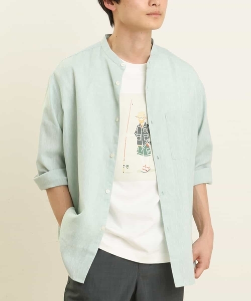 a.v.v（アーヴェヴェ）の「ハイブリッドリネンバンドカラー7分袖シャツ（シャツ/ブラウス・メンズ・ミント/ライトブルー/ブルー・46/48/50/44）」の2枚目の写真