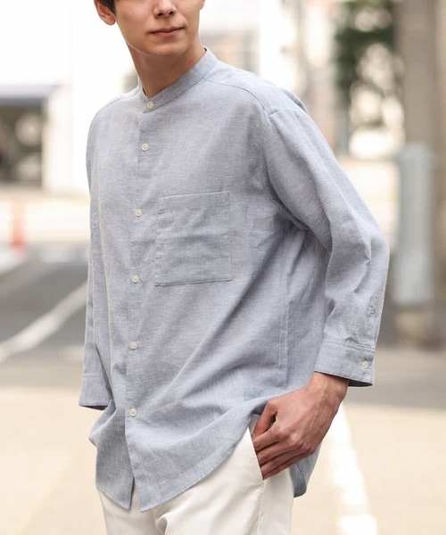 a.v.v（アーヴェヴェ）の「ハイブリッドリネンバンドカラー7分袖シャツ（シャツ/ブラウス・メンズ・ミント/ライトブルー/ブルー・46/48/50/44）」の3枚目の写真