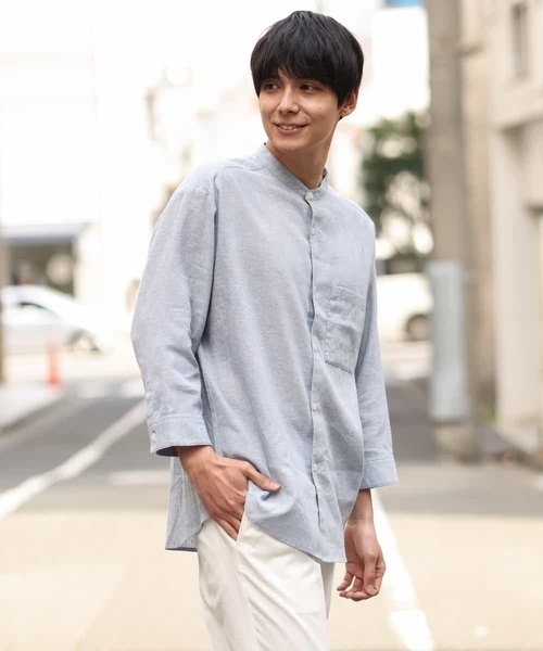 a.v.v（アーヴェヴェ）の「ハイブリッドリネンバンドカラー7分袖シャツ（シャツ/ブラウス・メンズ・ミント/ライトブルー/ブルー・46/48/50/44）」の21枚目の写真