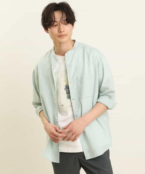 a.v.v（アーヴェヴェ）の「ハイブリッドリネンバンドカラー7分袖シャツ（シャツ/ブラウス・メンズ・ミント/ライトブルー/ブルー・46/48/50/44）」の5枚目の写真