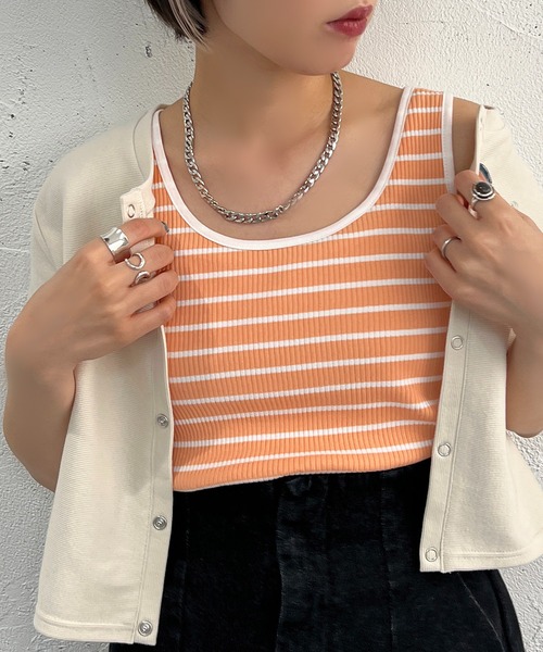 apres jour mignon(アプレジュールミニョン)の「リブボーダータンク【ZOZOTOWN限定アイテム】(タンクトップ・レディース・オフホワイト/ピンク/オレンジ/グリーン・X-LARGE/フリー)」の4枚目の写真