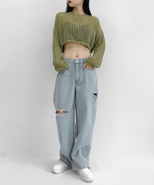 LVEU.（ラブユ.）の「Damaged wide denim / ダメージワイドデニム（デニムパンツ・レディース・ブルー・FREE）」の2枚目の写真