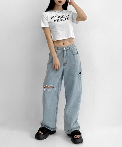 LVEU.（ラブユ.）の「Damaged wide denim / ダメージワイドデニム（デニムパンツ・レディース・ブルー・FREE）」の11枚目の写真