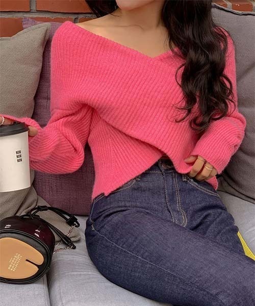 SONA（ソナ）の「SONYUNARA クロスデザインオフショルダーニット（ニット/セーター・レディース・ピンク/ブラック/グレー・ONE SIZE）」の5枚目の写真