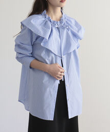 2WAYストライプフリルカラーブラウス