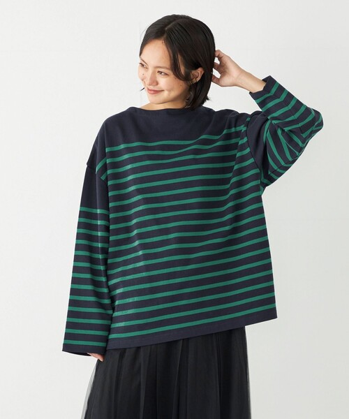 SHIPS Colors（シップス カラーズ）の「SHIPS Colors:〈洗濯機可能〉バスクボーダー オーバー TEE（Tシャツ/カットソー・レディース・オレンジ/グリーン/ブルー/グレー/ネイビー・ONE SIZE）」の4枚目の写真