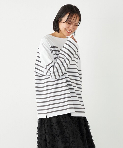 SHIPS Colors（シップス カラーズ）の「SHIPS Colors:〈洗濯機可能〉バスクボーダー オーバー TEE（Tシャツ/カットソー・レディース・オレンジ/グリーン/ブルー/グレー/ネイビー・ONE SIZE）」の2枚目の写真