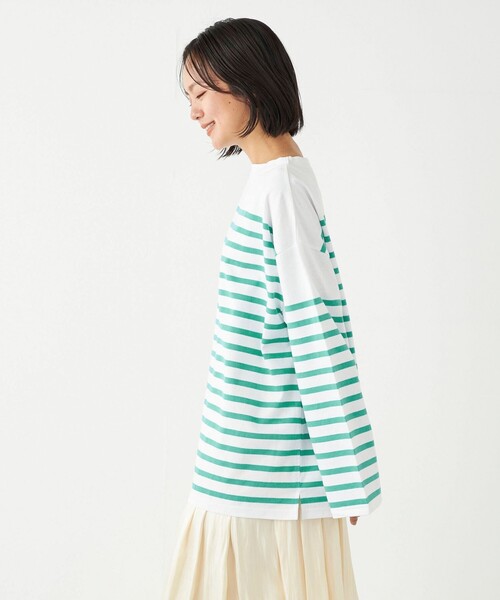 SHIPS Colors（シップス カラーズ）の「SHIPS Colors:〈洗濯機可能〉バスクボーダー オーバー TEE（Tシャツ/カットソー・レディース・オレンジ/グリーン/ブルー/グレー/ネイビー・ONE SIZE）」の3枚目の写真
