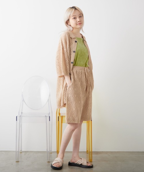 WHIMSIC（ウィムジック）の「【UNISEX/SET UP対応】メッシュジャガードニットシャツ（シャツ/ブラウス・メンズ・アイボリー/チャコールグレー・FREE）」の4枚目の写真