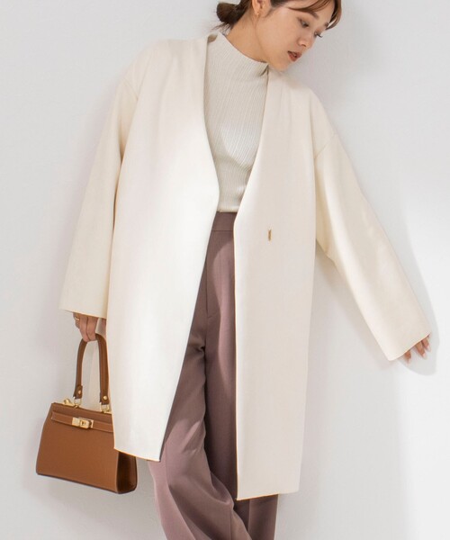 NOLLEY’S Sophi（ノーリーズソフィ）の「スエードダンボールVネックコート（ノーカラーコート・レディース・キナリ/グレイッシュブルー・36/38）」の3枚目の写真