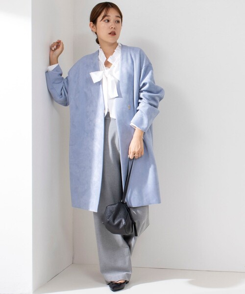 NOLLEY’S Sophi（ノーリーズソフィ）の「スエードダンボールVネックコート（ノーカラーコート・レディース・キナリ/グレイッシュブルー・36/38）」の13枚目の写真