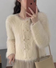 ダブルボタンショート丈シャギーカーディガン