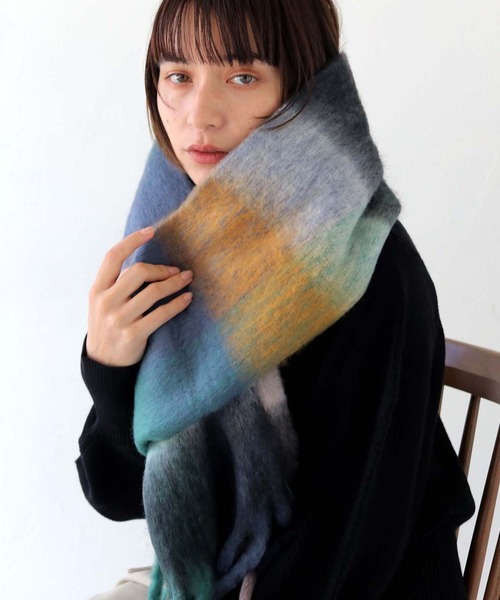 HER CLOSET（ハークローゼット）の「【HER CLOSET】ボリュームフリンジチェックマフラー VOLUME FRINGE CHECK MUFFLER（マフラー・レディース・パープル/ブラウン/ライトブルー/グレー/マルチ/グリーン/ブルー/ベージュ・FREE）」の8枚目の写真