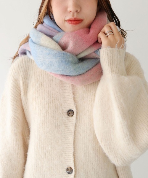 HER CLOSET（ハークローゼット）の「【HER CLOSET】ボリュームフリンジチェックマフラー VOLUME FRINGE CHECK MUFFLER（マフラー・レディース・パープル/ブラウン/ライトブルー/グレー/マルチ/グリーン/ブルー/ベージュ・FREE）」の18枚目の写真