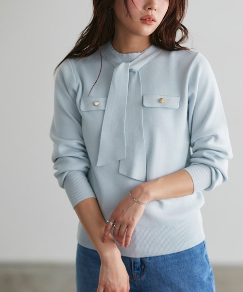 Pierrot（ピエロ）の「ボウタイポケットニット（ニット/セーター・レディース・アイボリー/ブラック/ブルー系その他/ネイビー/グレイッシュベージュ/グレー・L/M/LL/S）」の6枚目の写真