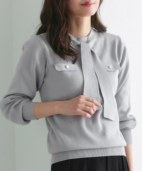 Pierrot（ピエロ）の「ボウタイポケットニット（ニット/セーター・レディース・アイボリー/ブラック/ブルー系その他/ネイビー/グレイッシュベージュ/グレー・L/M/LL/S）」の3枚目の写真