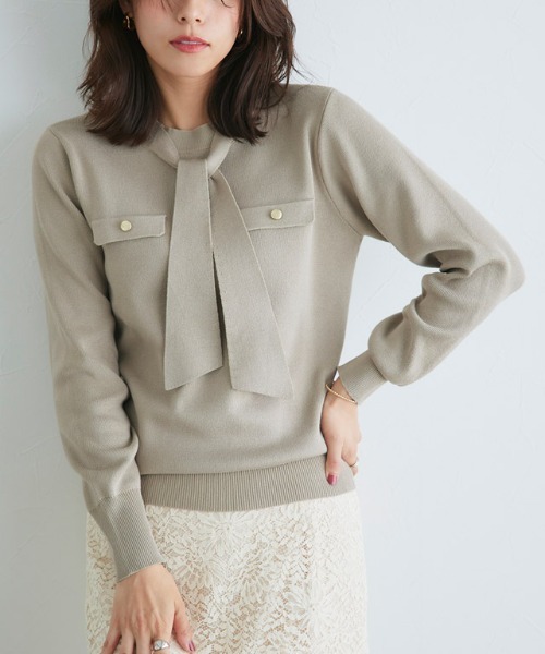 Pierrot（ピエロ）の「ボウタイポケットニット（ニット/セーター・レディース・アイボリー/ブラック/ブルー系その他/ネイビー/グレイッシュベージュ/グレー・L/M/LL/S）」の4枚目の写真