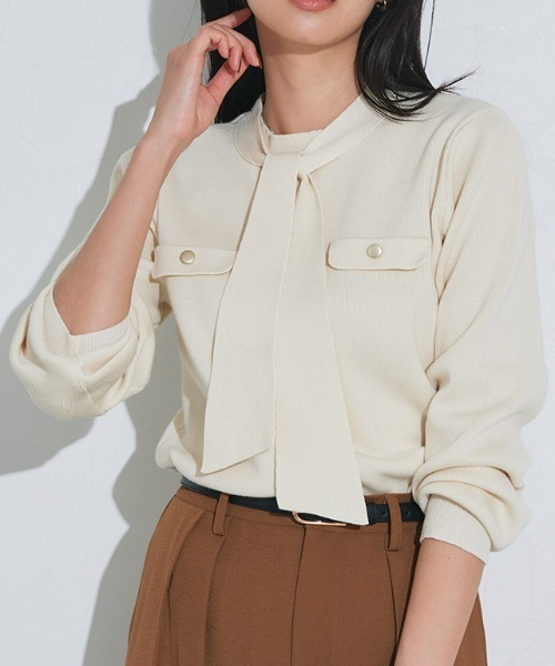 Pierrot（ピエロ）の「ボウタイポケットニット（ニット/セーター・レディース・アイボリー/ブラック/ブルー系その他/ネイビー/グレイッシュベージュ/グレー・L/M/LL/S）」の18枚目の写真