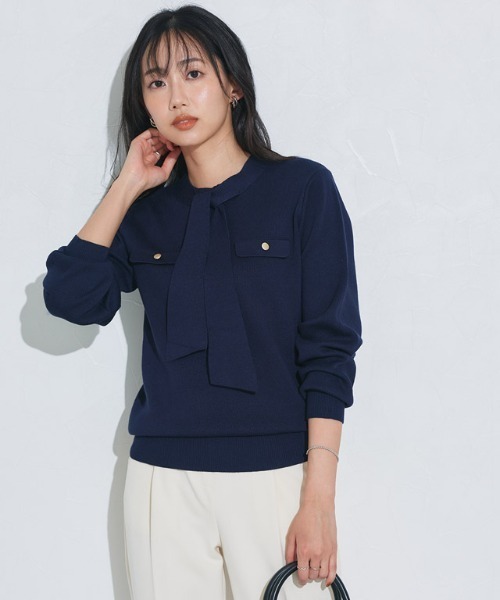 Pierrot（ピエロ）の「ボウタイポケットニット（ニット/セーター・レディース・アイボリー/ブラック/ブルー系その他/ネイビー/グレイッシュベージュ/グレー・L/M/LL/S）」の10枚目の写真