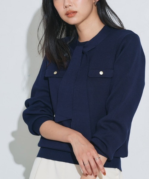 Pierrot（ピエロ）の「ボウタイポケットニット（ニット/セーター・レディース・アイボリー/ブラック/ブルー系その他/ネイビー/グレイッシュベージュ/グレー・L/M/LL/S）」の11枚目の写真