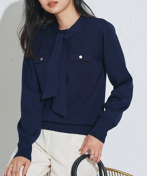 Pierrot（ピエロ）の「ボウタイポケットニット（ニット/セーター・レディース・アイボリー/ブラック/ブルー系その他/ネイビー/グレイッシュベージュ/グレー・L/M/LL/S）」の12枚目の写真