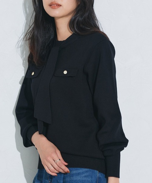 Pierrot（ピエロ）の「ボウタイポケットニット（ニット/セーター・レディース・アイボリー/ブラック/ブルー系その他/ネイビー/グレイッシュベージュ/グレー・L/M/LL/S）」の14枚目の写真