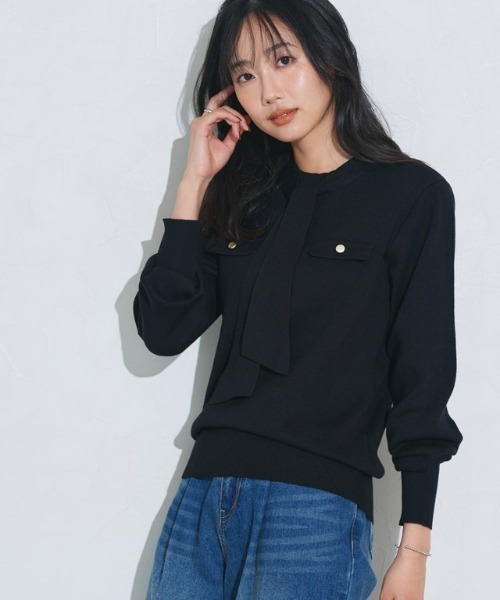 Pierrot（ピエロ）の「ボウタイポケットニット（ニット/セーター・レディース・アイボリー/ブラック/ブルー系その他/ネイビー/グレイッシュベージュ/グレー・L/M/LL/S）」の15枚目の写真