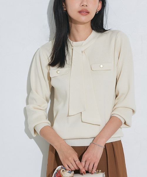 Pierrot（ピエロ）の「ボウタイポケットニット（ニット/セーター・レディース・アイボリー/ブラック/ブルー系その他/ネイビー/グレイッシュベージュ/グレー・L/M/LL/S）」の19枚目の写真