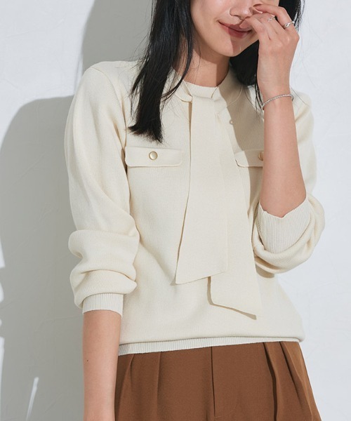 Pierrot（ピエロ）の「ボウタイポケットニット（ニット/セーター・レディース・アイボリー/ブラック/ブルー系その他/ネイビー/グレイッシュベージュ/グレー・L/M/LL/S）」の21枚目の写真