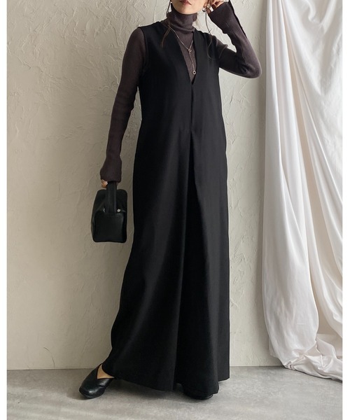 セール】深Vネックフロントタックノースリーブオールインワン