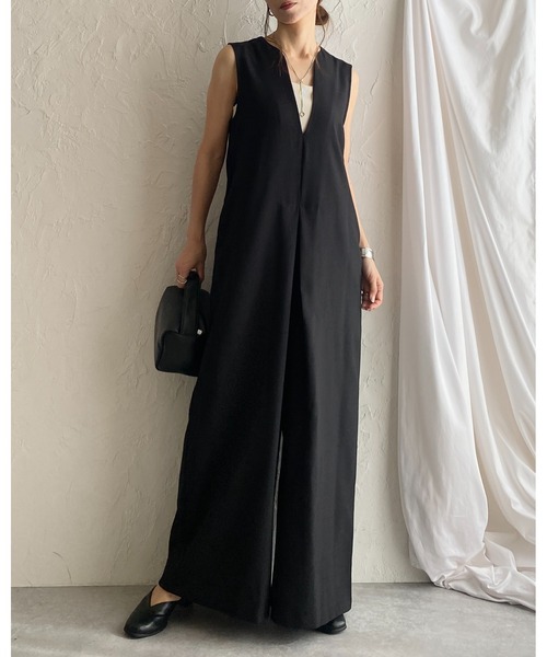 セール】深Vネックフロントタックノースリーブオールインワン