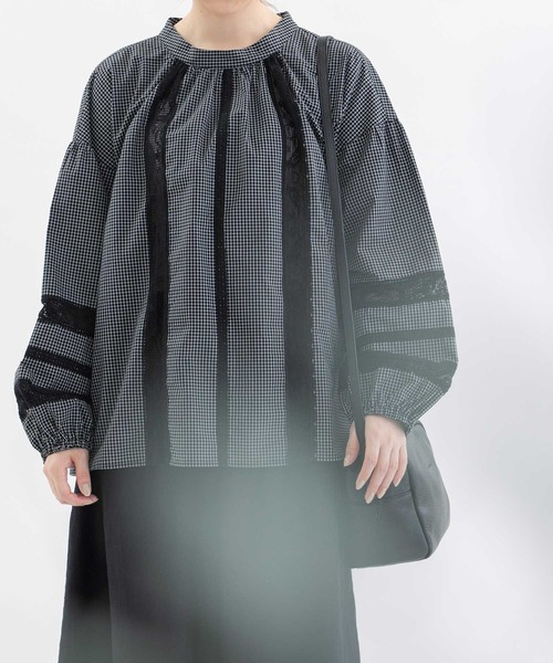 【セール】ボトルネックはめ込みレースコットンブラウス（シャツ/ブラウス）｜nop de nod（ノップドゥノッド）