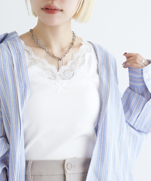 w closet(ダブルクローゼット)の「レース付カップVタンクトップ(タンクトップ・レディース・オフホワイト/ピンク系その他/ブラック/ホワイト系・FREE)」の9枚目の写真