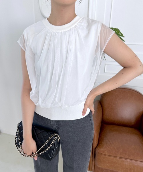 mysty woman(ミスティウーマン)の「チュールレイヤードニットプルオーバー 116897(Tシャツ/カットソー・レディース・グレイッシュブルー/オフホワイト/ブラック・FREE)」の4枚目の写真