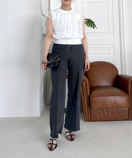 mysty woman(ミスティウーマン)の「チュールレイヤードニットプルオーバー 116897(Tシャツ/カットソー・レディース・グレイッシュブルー/オフホワイト/ブラック・FREE)」の5枚目の写真