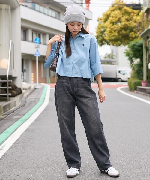 PUBLUX（パブリュクス）の「U.S. POLO ASSN./ユーエスポロアッスン 別注 ハーフスリーブワンポイント刺繍クロップドシャツ/半袖シャツ　限定展開（シャツ/ブラウス・レディース・その他13/オフホワイト/その他9/サックスブルー・ﾌﾘ-）」の9枚目の写真