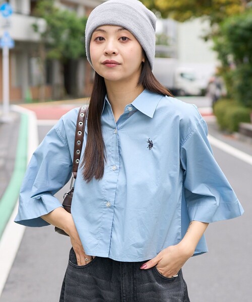 PUBLUX（パブリュクス）の「U.S. POLO ASSN./ユーエスポロアッスン 別注 ハーフスリーブワンポイント刺繍クロップドシャツ/半袖シャツ　限定展開（シャツ/ブラウス・レディース・その他13/オフホワイト/その他9/サックスブルー・ﾌﾘ-）」の13枚目の写真