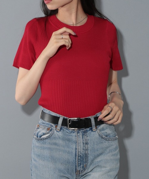 MAISON BREEZE reveur（メゾンブリーズレヴール）の「【MAISON BREEZE reveur】Ribbed short-sleeved knit リブ切替クルーネックハーフスリーブニット 半袖ニット（ニット/セーター・レディース・オフホワイト/レッド/ブラック・FREE）」の17枚目の写真